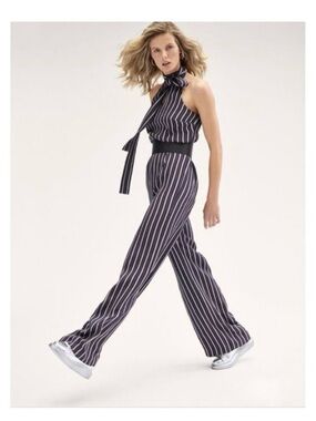 W by Worth Navy and White Striped Halter Jumpsuit with Tie Neck